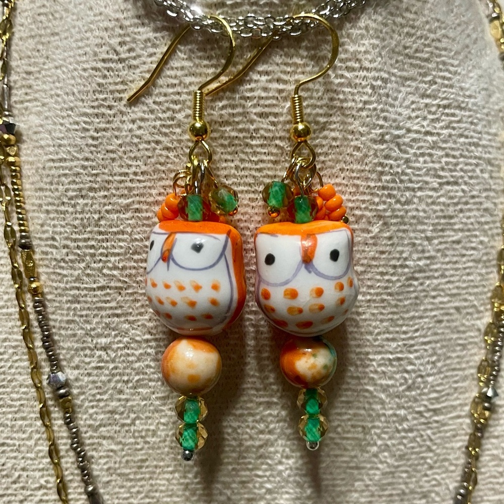Fun Owl Earrings with Orange and Green Accents - Picture 8 of 9